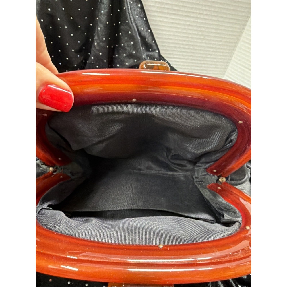 Vintage Ande' Leather Black Bakelite Snap Closure Purse Bag Silk Lining 1960s - Picture 9 of 16